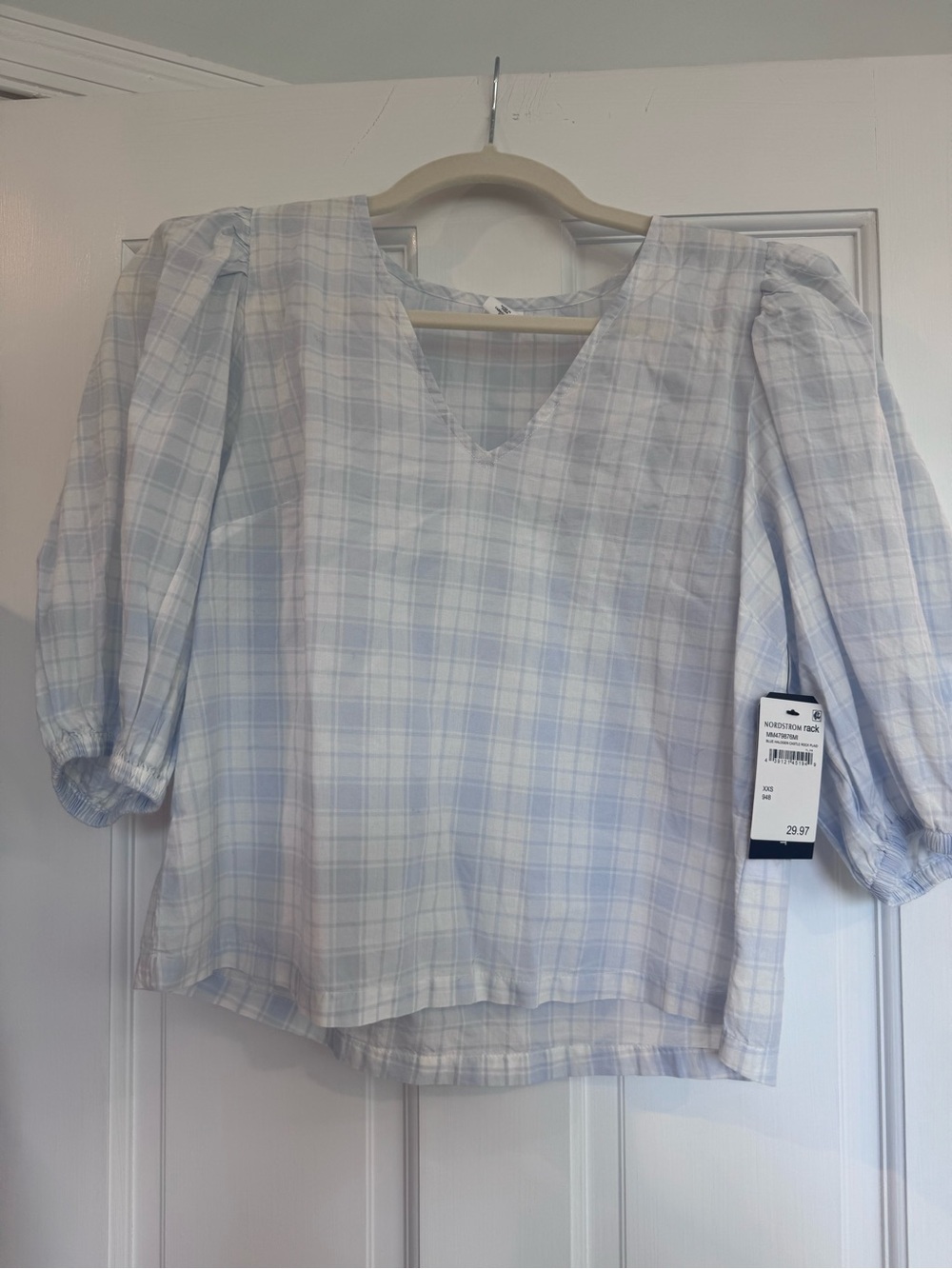 Melrose and Market Light Blue Plaid V-Neck Puff Sleeve Blouse 100% cotton xxs